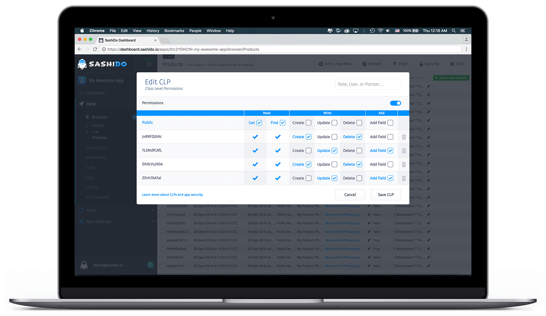 Class Level Permissions Dialog - give permissions to your users.